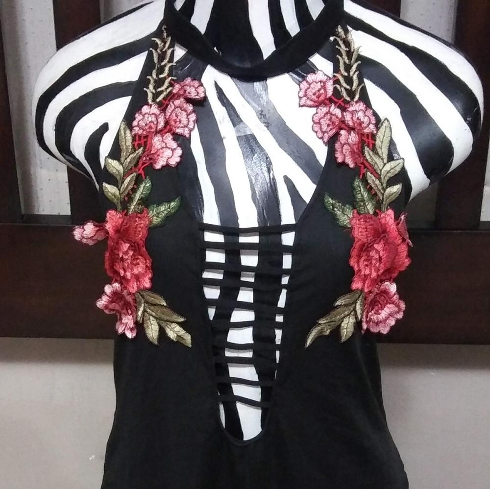 Black Bodysuit W/ Red Roses *NWT*